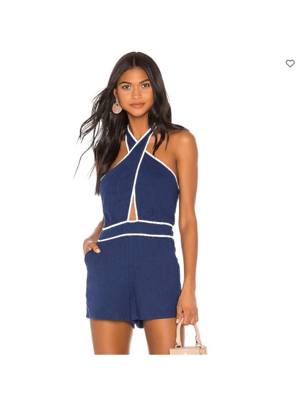 NWT Superdown Coraline Halter Romper Medium Navy and White Revolve